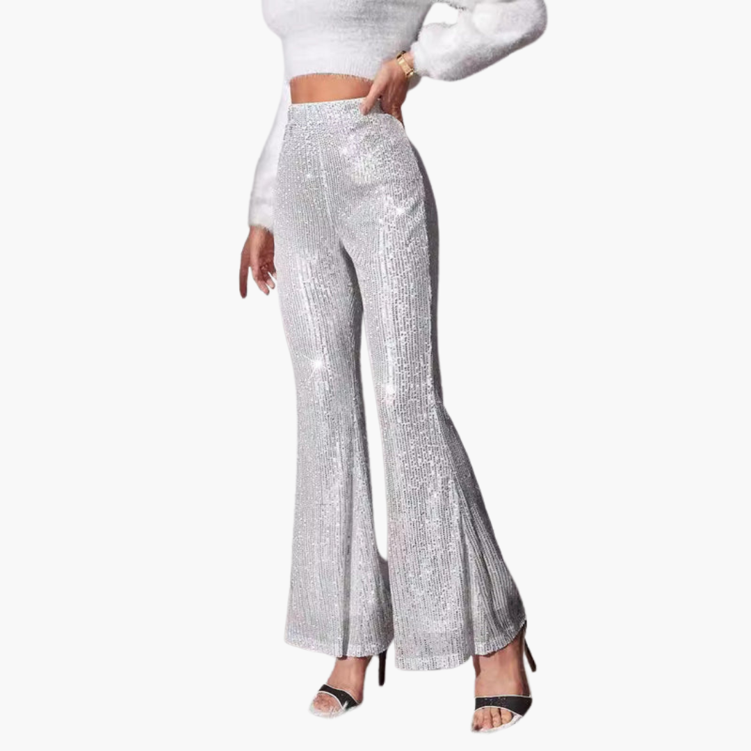 Women's silver sequined wide-leg high-waist pants with fully embellished sparkling surface for parties