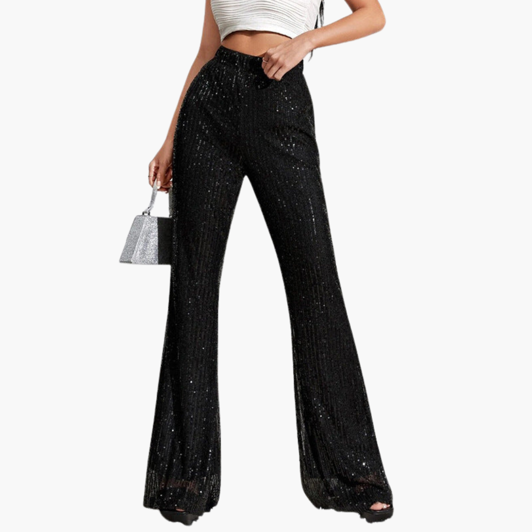 Women's silver sequined wide-leg high-waist pants with fully embellished sparkling surface for parties