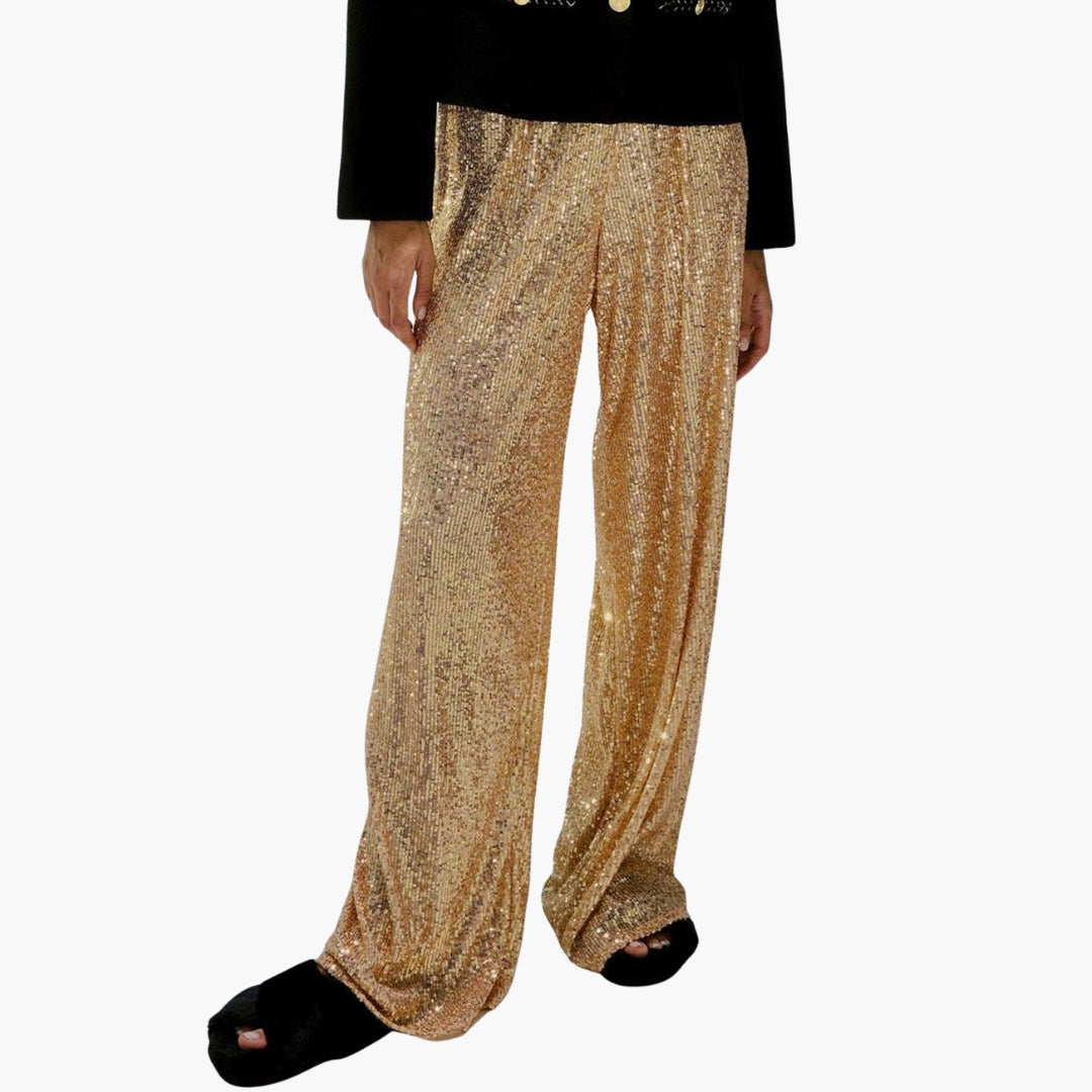Women's high waist wide leg sequin palazzo pants sparkling silver party eveningwear slip-on