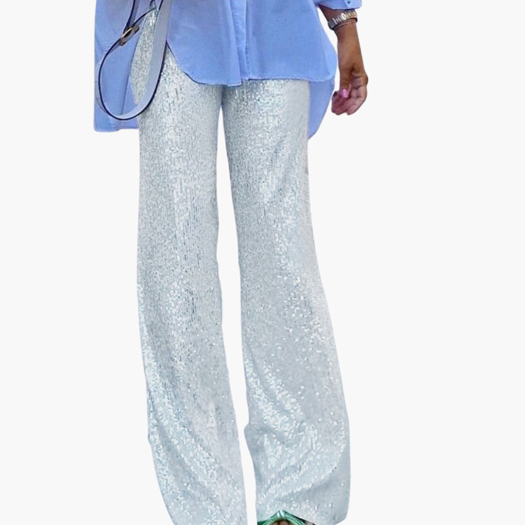 Women's silver sequin palazzo pants high waist wide leg slip-on party eveningwear