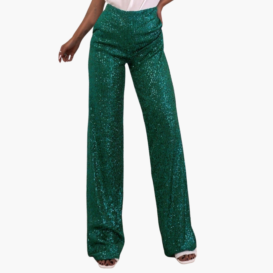 Women's high waist wide leg sequin palazzo pants sparkling silver party eveningwear slip-on