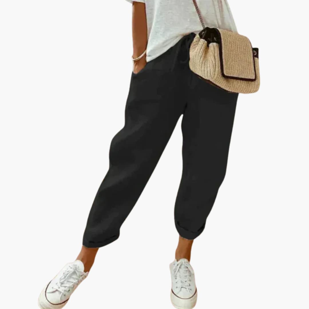 Women's mid-rise straight-leg drawstring waist pants with side pockets for everyday versatility