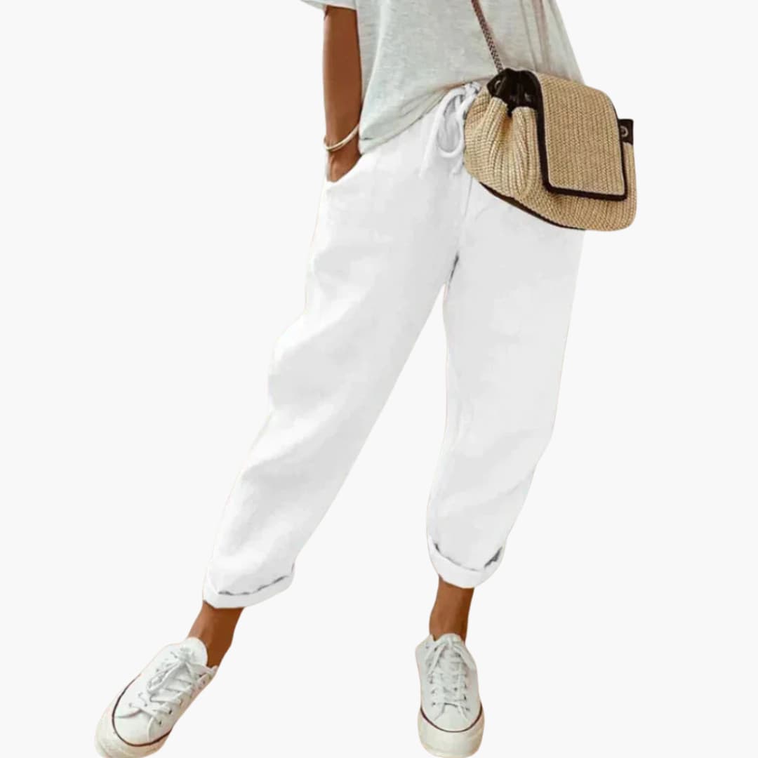 Women's mid-rise straight-leg drawstring waist pants with side pockets for everyday comfort
