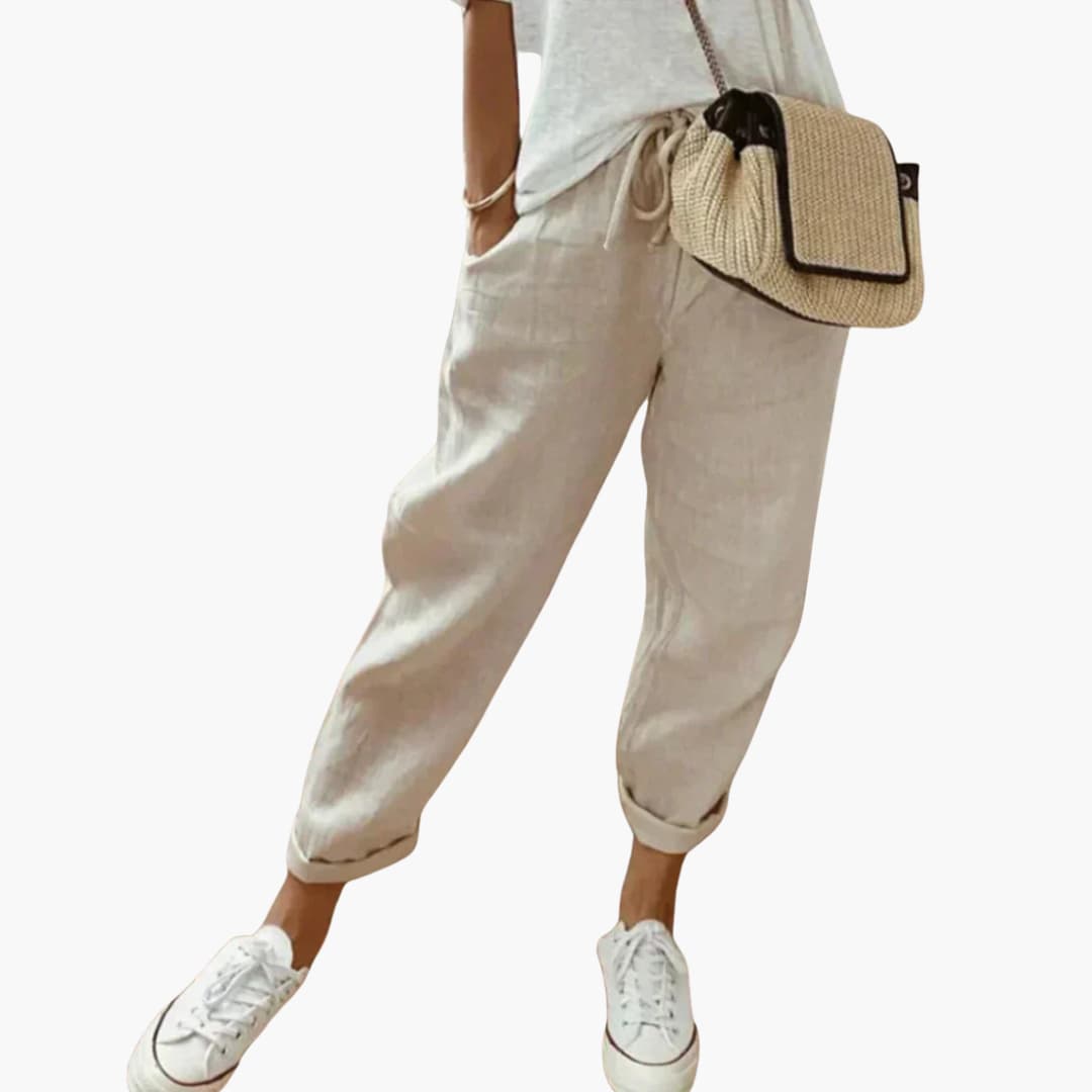 Women's mid-rise straight-leg drawstring waist pants with side pockets for everyday versatility