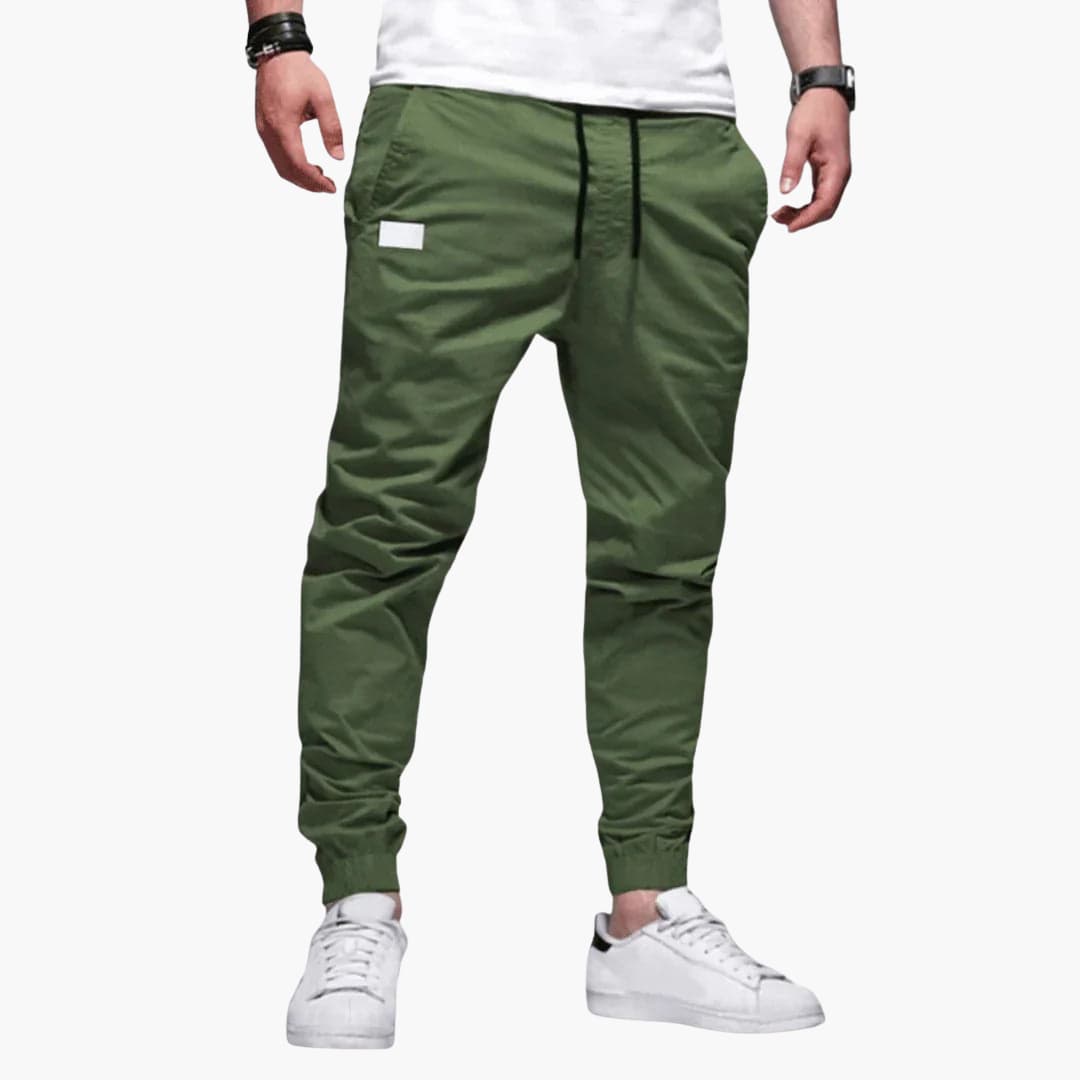 Men's tapered drawstring pants with elastic waistband in a clean straight-cut silhouette for daily wear