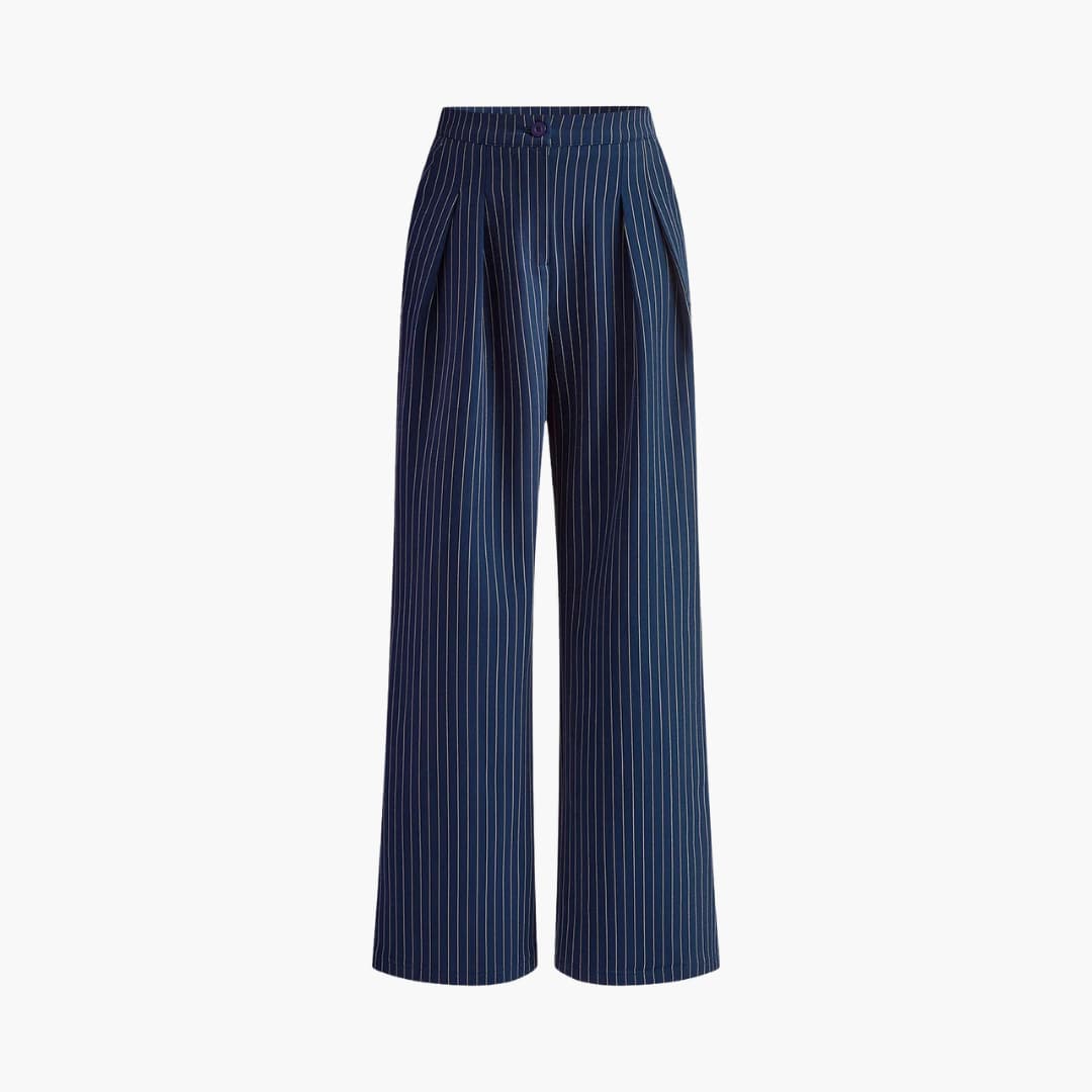 Women's striped pleated pants fluid wide-leg cut mid-rise elegant vertical stripes versatile staple