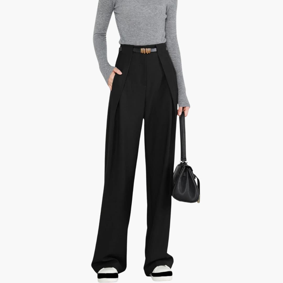Women's high-waisted pleated straight pants with belt loops, polished office-ready silhouette