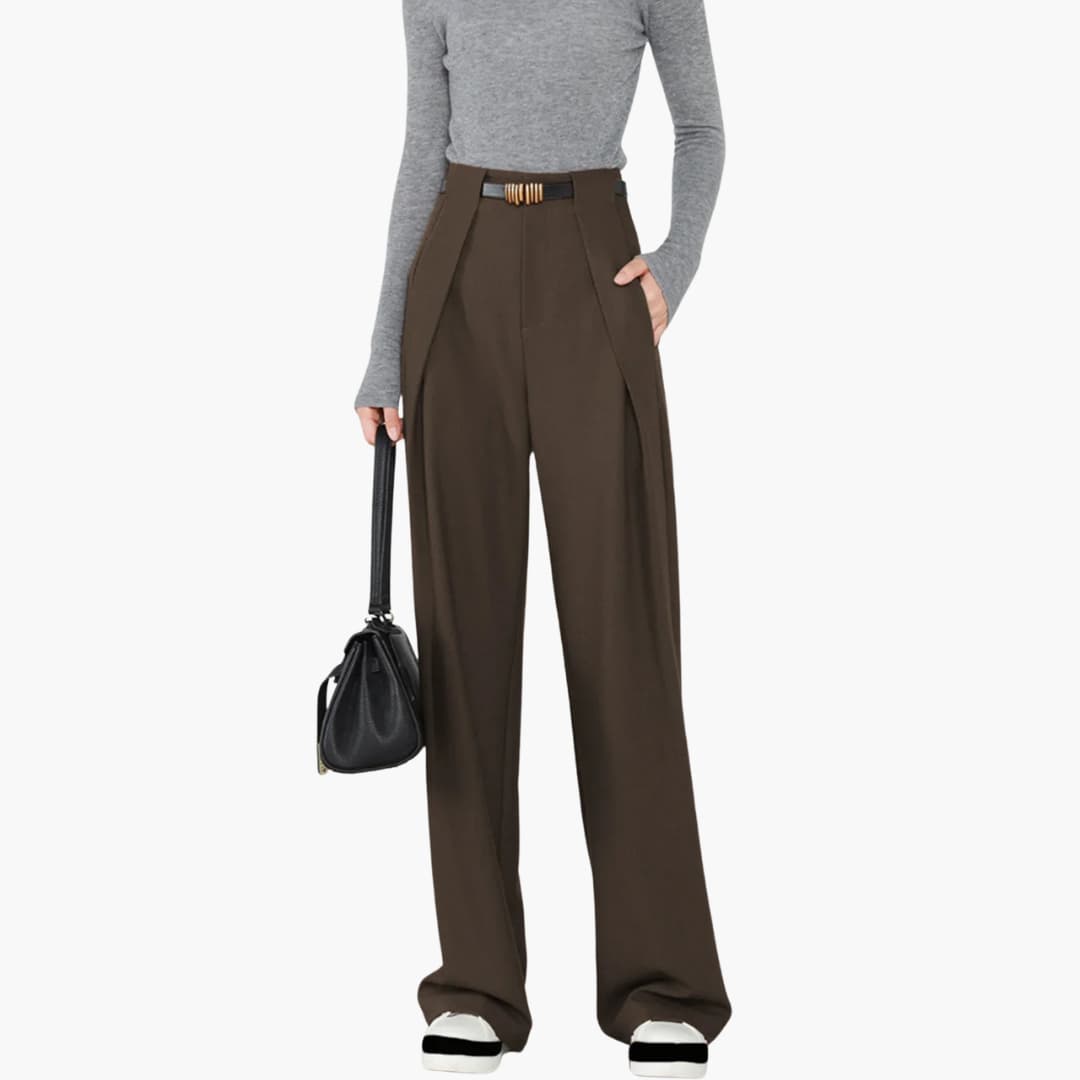 Women high-waisted pleated straight pants with belt loops, polished office-ready silhouette