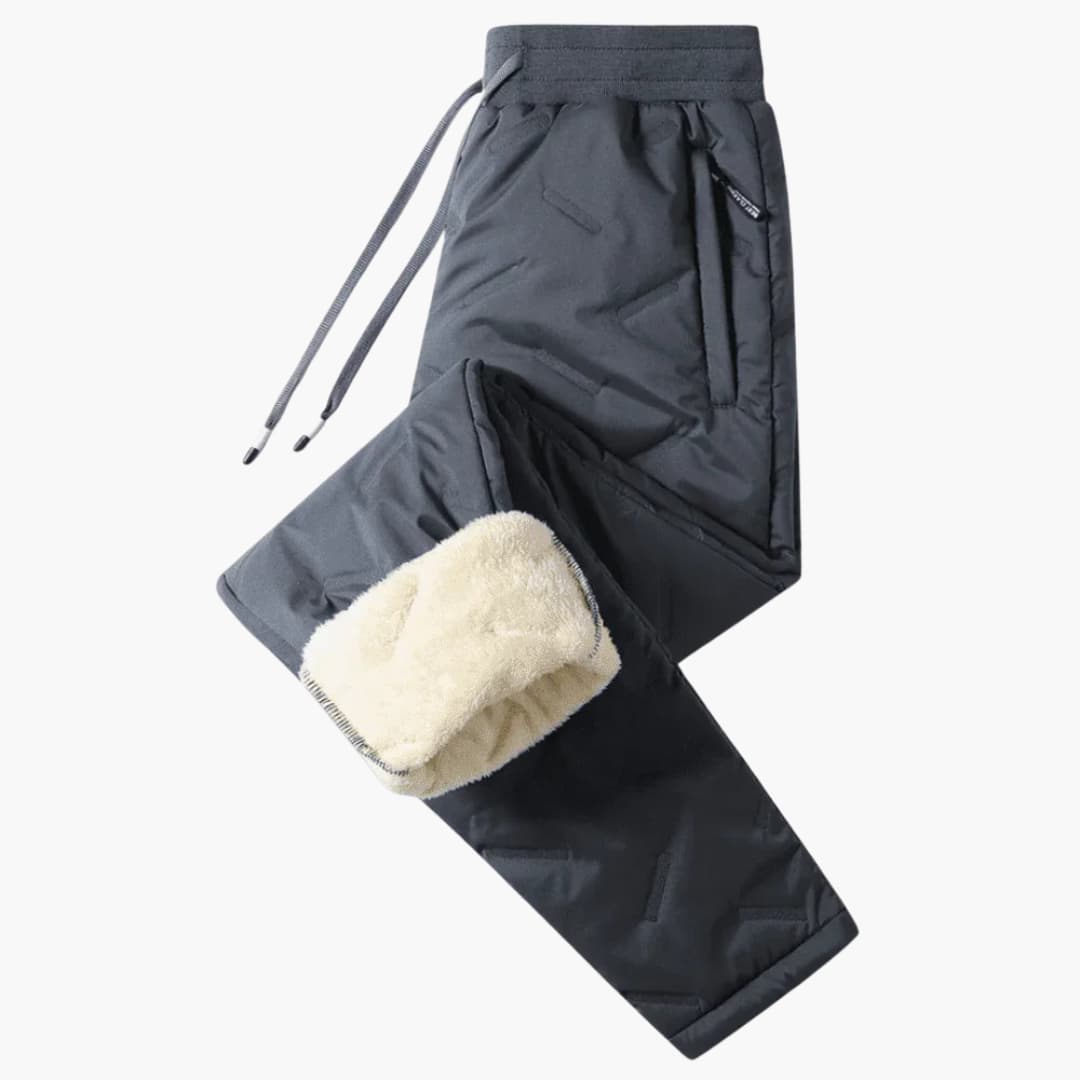 Black thermal lined unisex outdoor pants with adjustable waist and weatherproof cold-weather surface