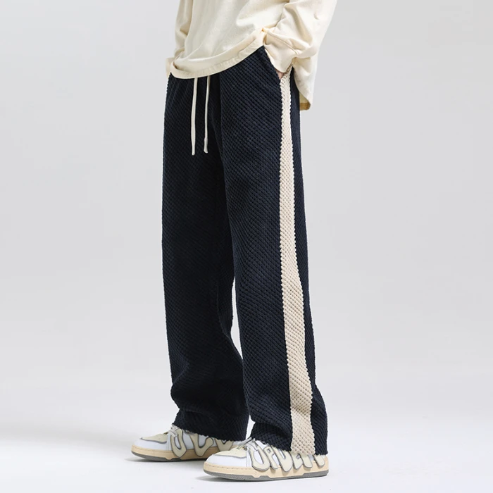 Nomad striped wide-leg trousers relaxed fit breathable waffle knit with adjustable drawstring