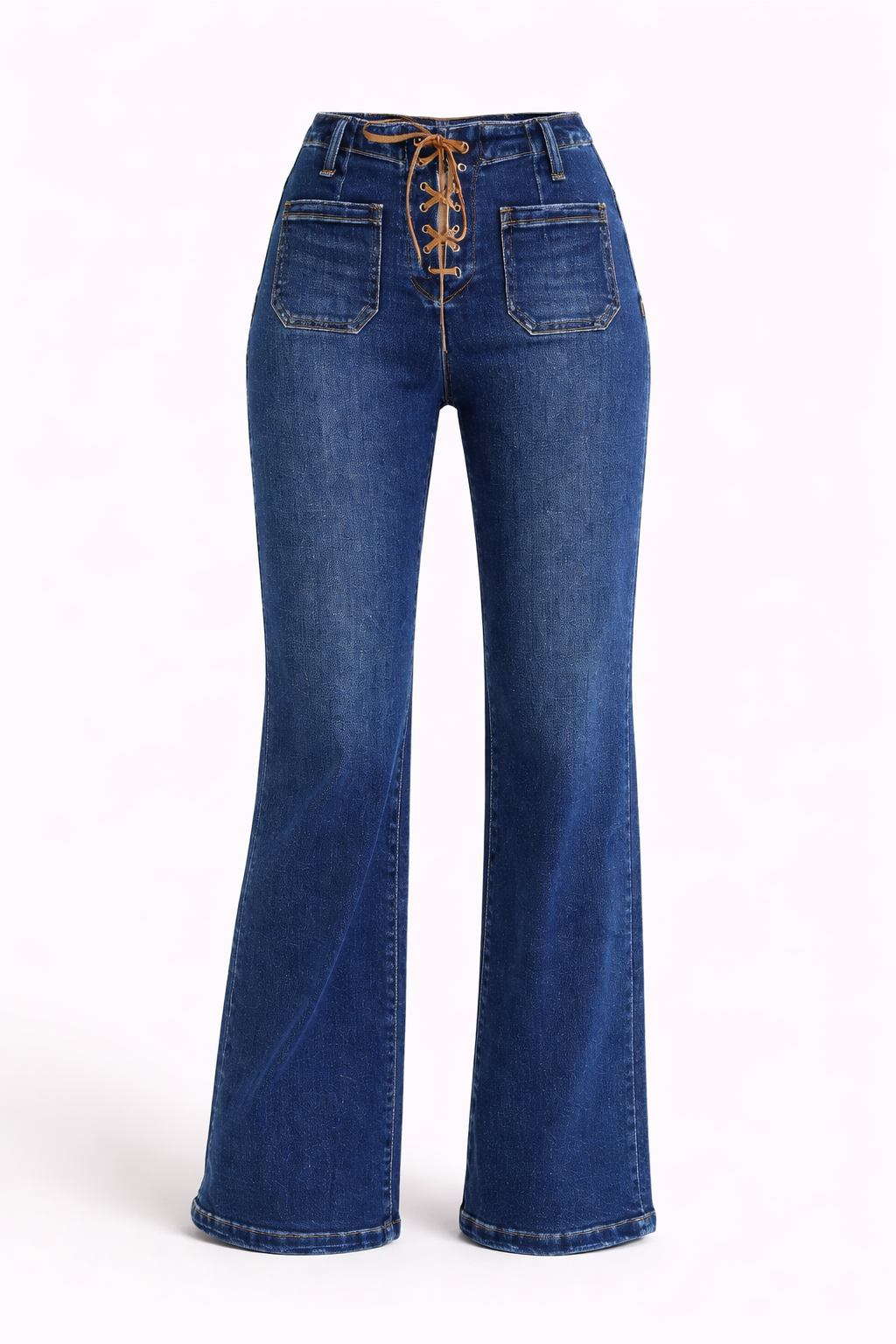 Dark wash high rise wide leg women's denim pants with front tie waist detail flattering silhouette