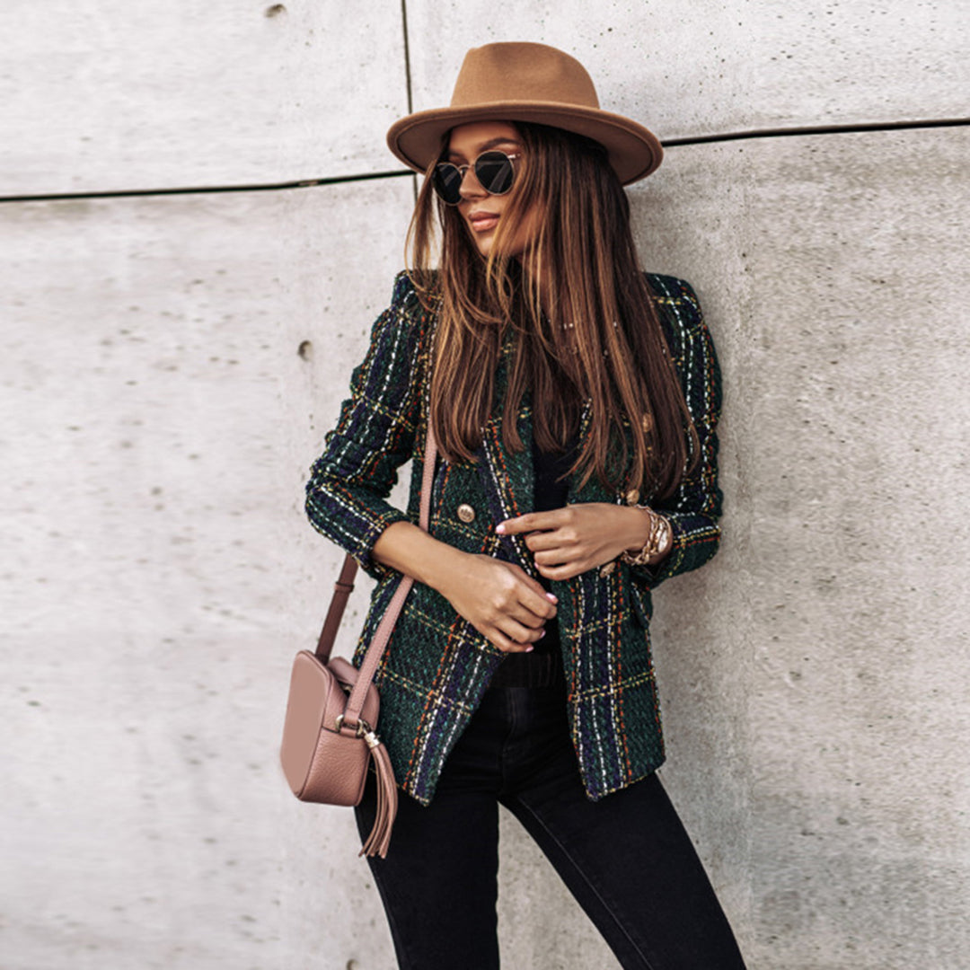 Women's tweed blazer classic tailored fit with gold buttons, textured wool-blend, office-ready chic