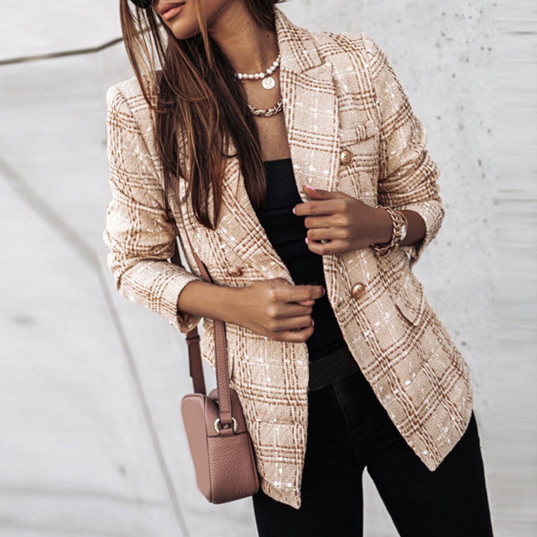 Women's tweed wool-blend blazer classic tailored fit with gold buttons office-chic style