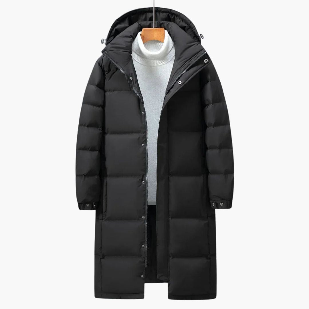 Men's long quilted parka hooded winter coat full zip front pockets durable dark outerwear