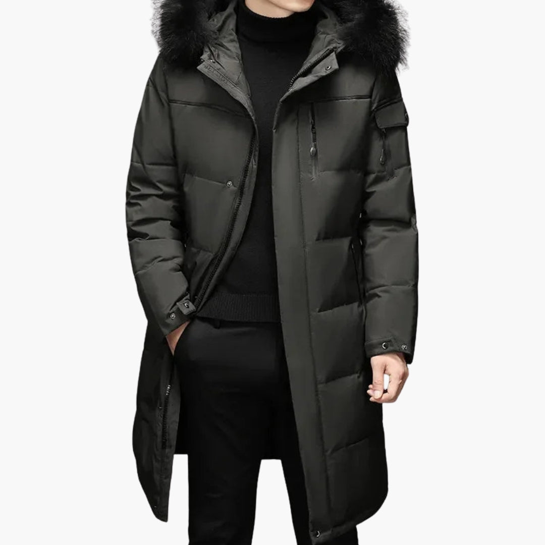 Men's long quilted parka with hood faux fur trim, dark winter coat for warm layering