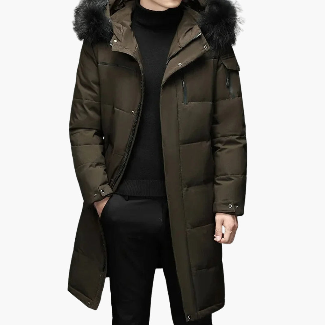 Men's long quilted parka with hood faux fur trim, navy winter coat insulated layering