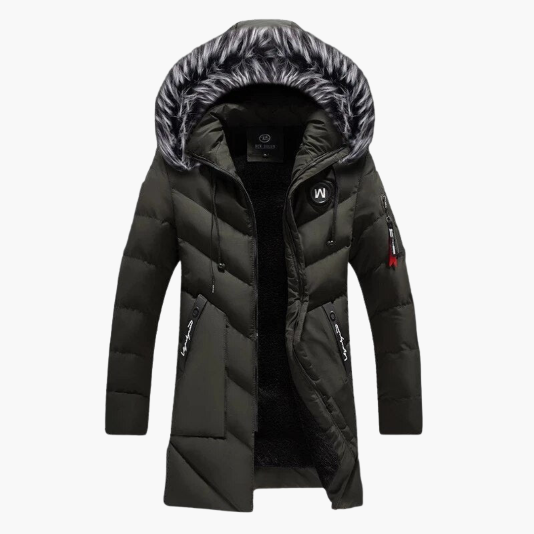 Men's olive hooded parka quilted exterior zip pockets streamlined cold weather outer layer