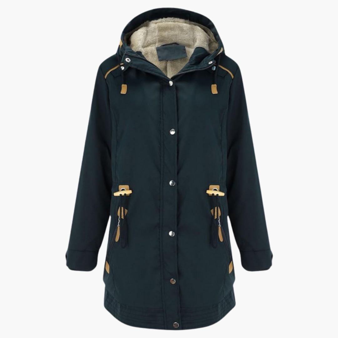 Women's cold weather parka jacket with adjustable drawstring hood and inner waist cinch