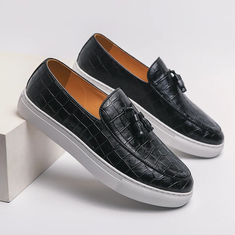 Croc embossed glossy loafers with dual tassel detail, polished slip-on style for modern professionals