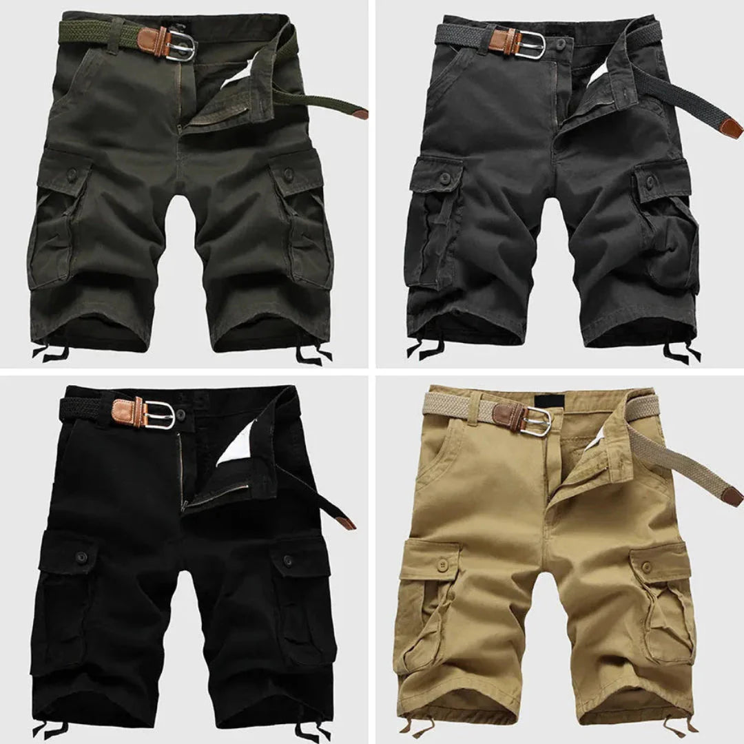 Men's khaki belted tactical cargo shorts with multi-pocket utility design for outdoor and work wear