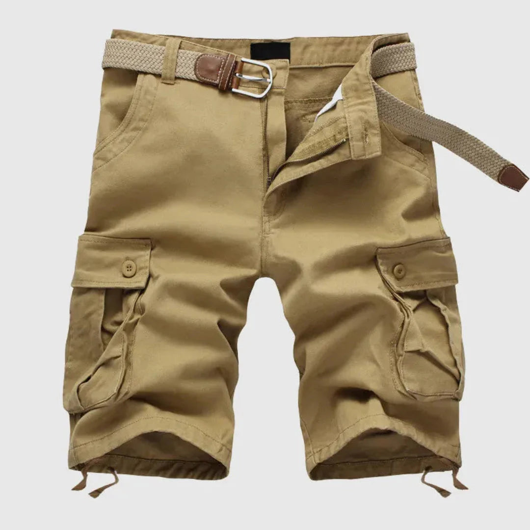 Men's khaki belted tactical cargo shorts with multi-pocket utility design and durable breathable cotton fabric