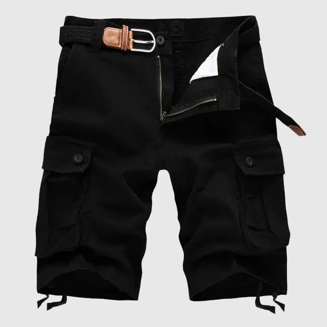 Men's khaki belted tactical cargo shorts with multi-pocket utility design for outdoor durability