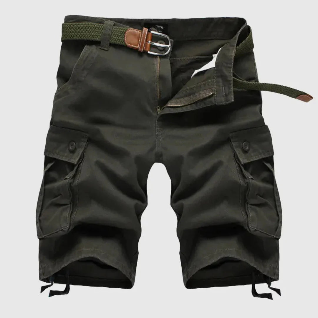 Men's khaki belted tactical cargo shorts with multi-pocket utility design and durable breathable cotton fabric