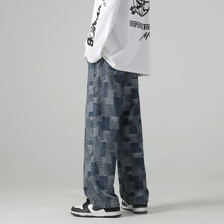 Blue denim joggers relaxed straight-leg fit all-over geometric jacquard texture soft elastic waistband