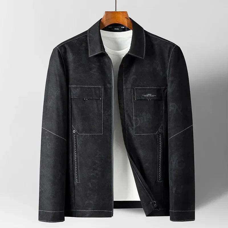 Men's olive utility jacket slim smart-casual fit with front zip flap pockets lightweight breathable