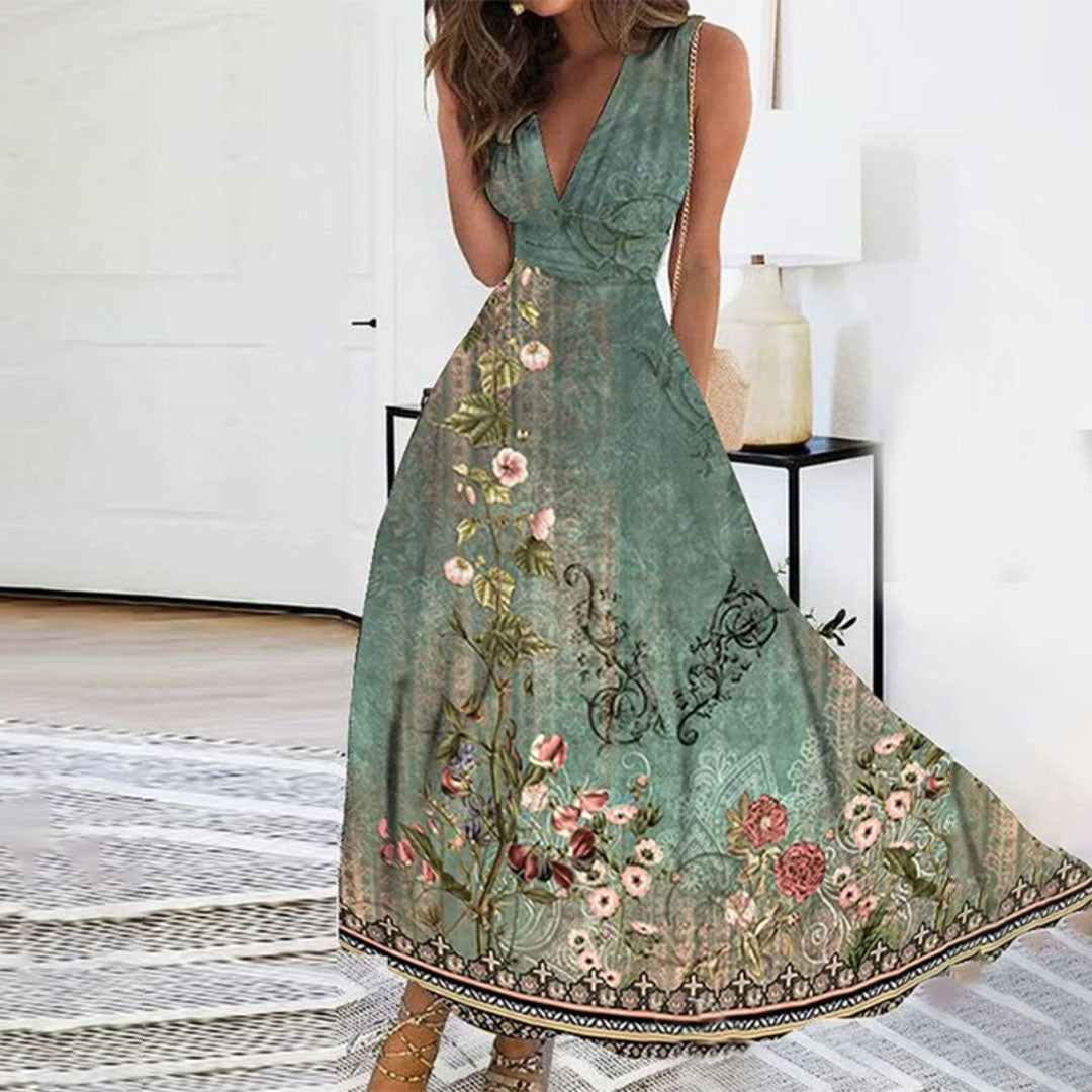 Women's sleeveless V-neck maxi dress in blue floral print, flowing silhouette for formal garden parties