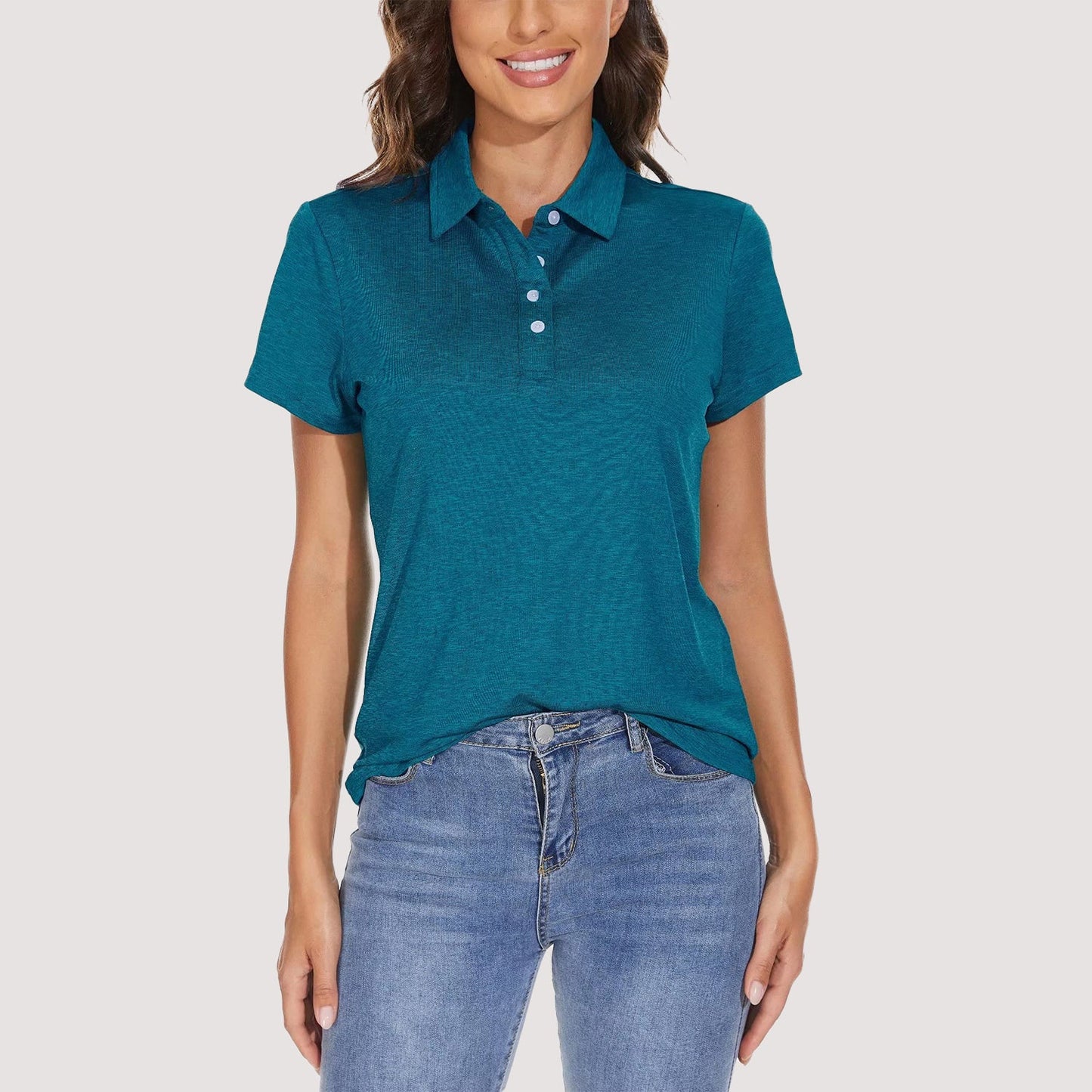 Women's moisture-wicking 4-button polo shirt in breathable quick-dry fabric with tag-free comfort