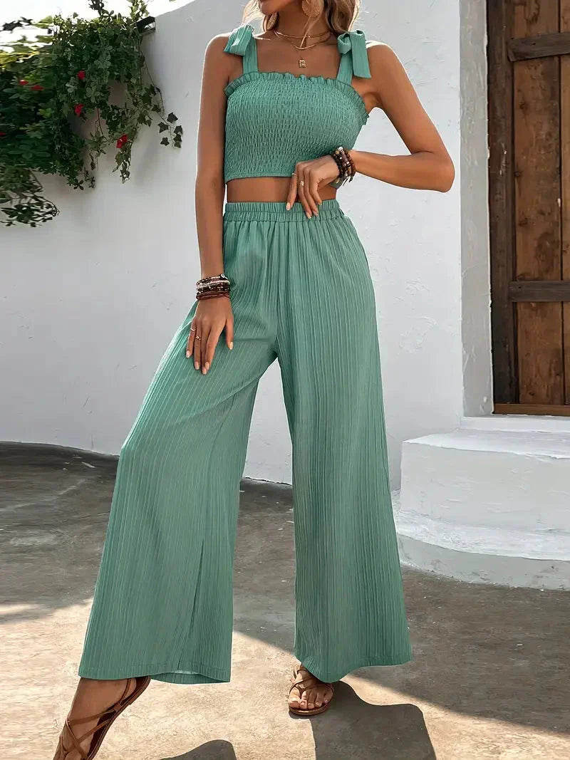 Women's linen two-piece set relaxed fit breathable lightweight everyday loungewear neutral tone