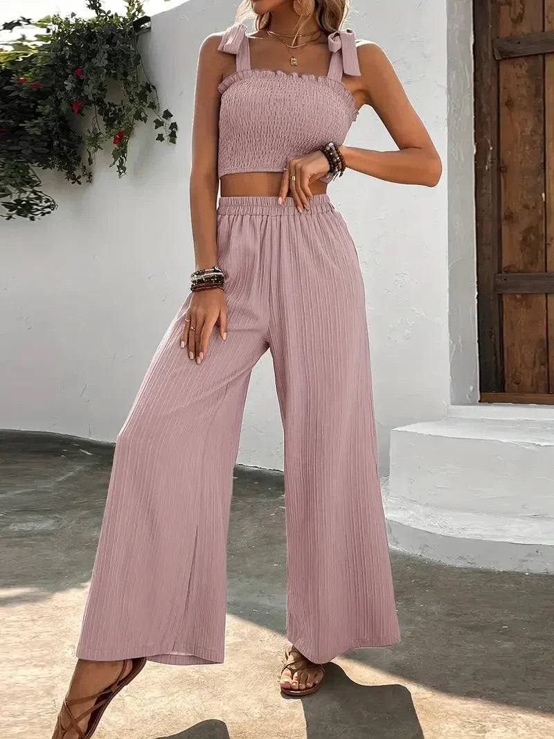 Women's linen two-piece set relaxed fit lightweight breathable everyday loungewear neutral tone