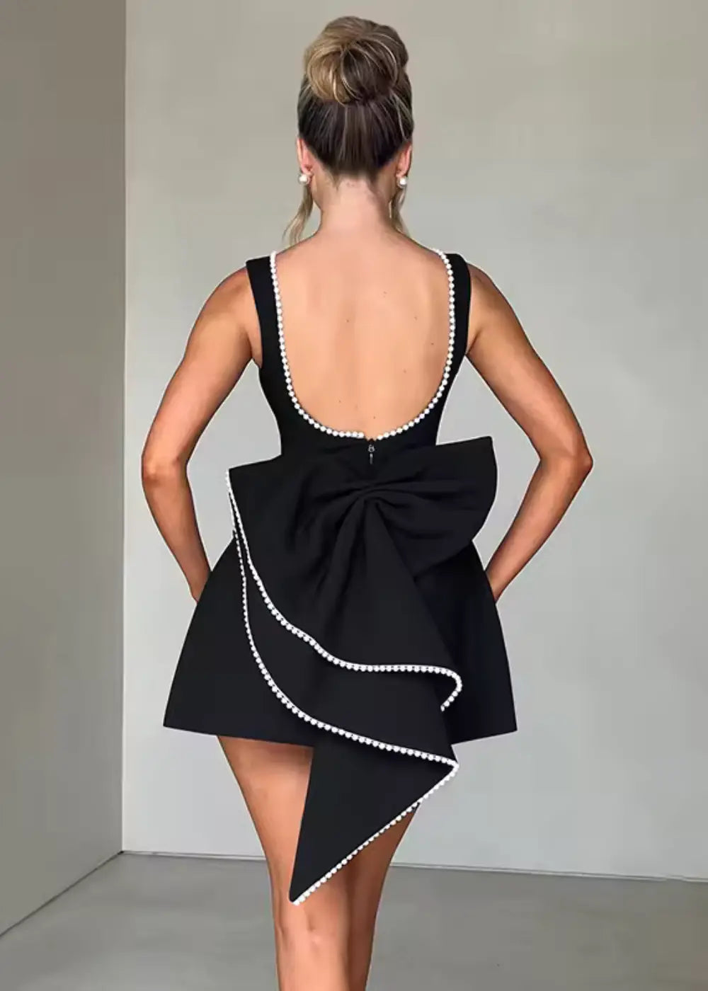White pearl embellished mini dress women elegant fitted silhouette formal evening wear