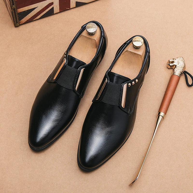 Pedro genuine leather dress shoes burnished finish elastic side panels timeless polish modern professional