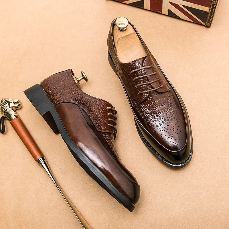 Black genuine leather Oxford dress shoes with brogue detailing and embossed dual-texture contrast panels