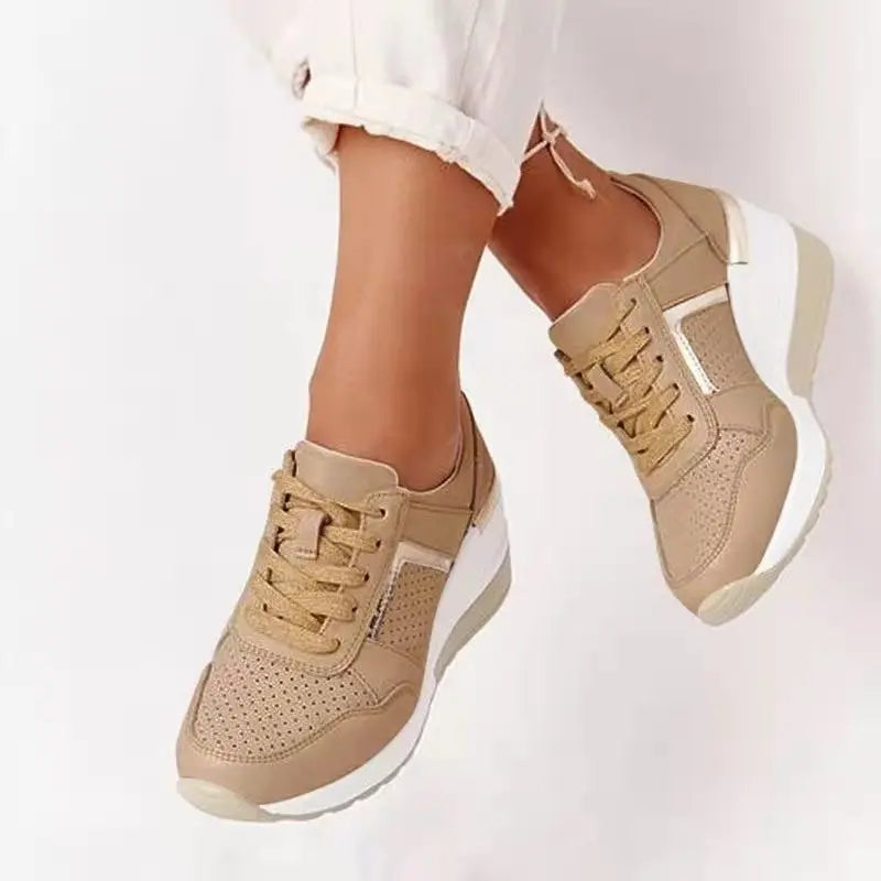Women's perforated wedge sneakers with hidden heel, breathable design for all-day casual style