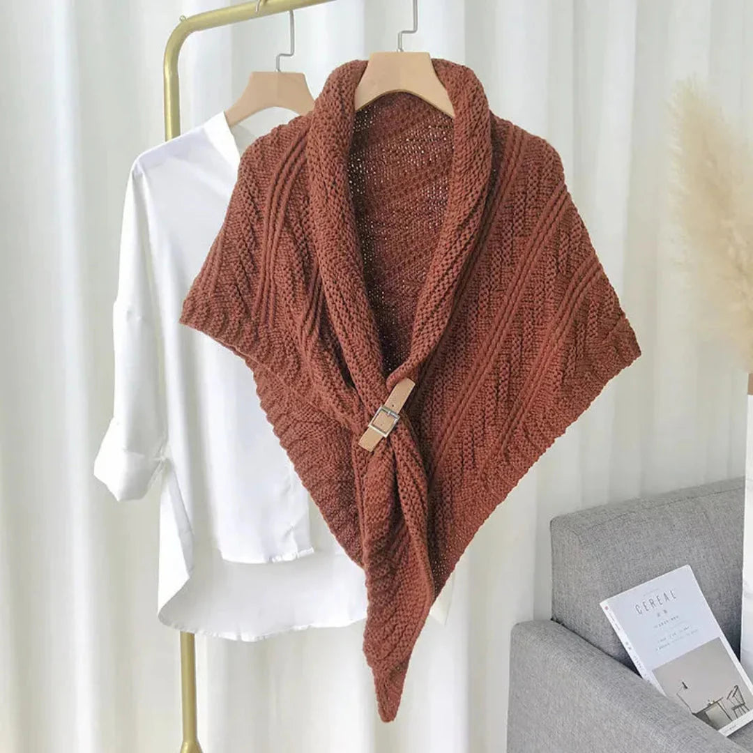 Women's cream cable knit shawl wrap with chunky texture and adjustable buckle closure