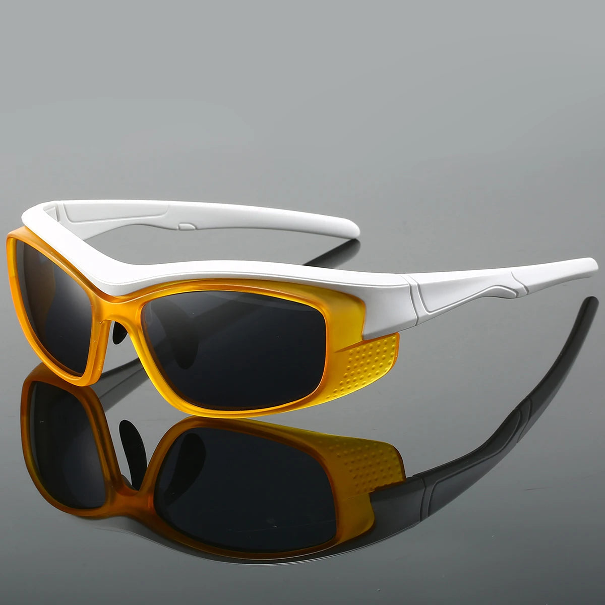 Matte wraparound sports sunglasses with black UV-blocking lenses, lightweight futuristic athletic frame