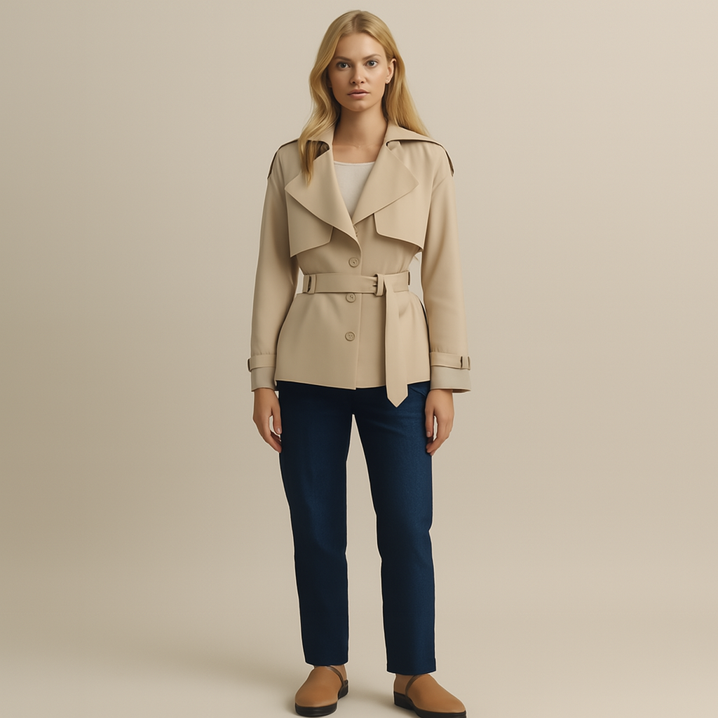 Women's classic short trench coat tailored silhouette with adjustable waist belt, timeless style
