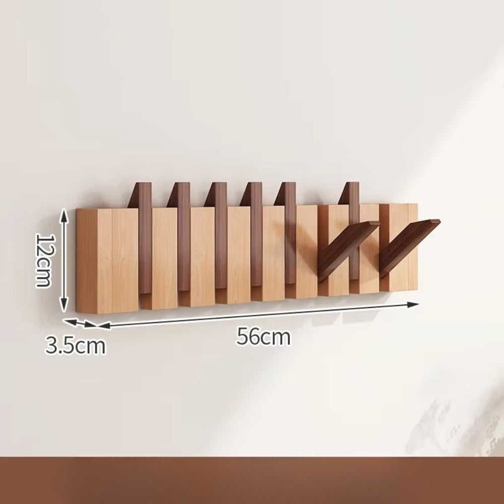 Wooden wall-mounted flip hook rack natural finish minimalist foldable entryway space-saving organizer