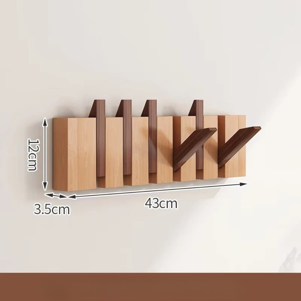 Wooden wall-mounted flip hook rack natural finish minimalist entryway space-saving organizer foldable hooks