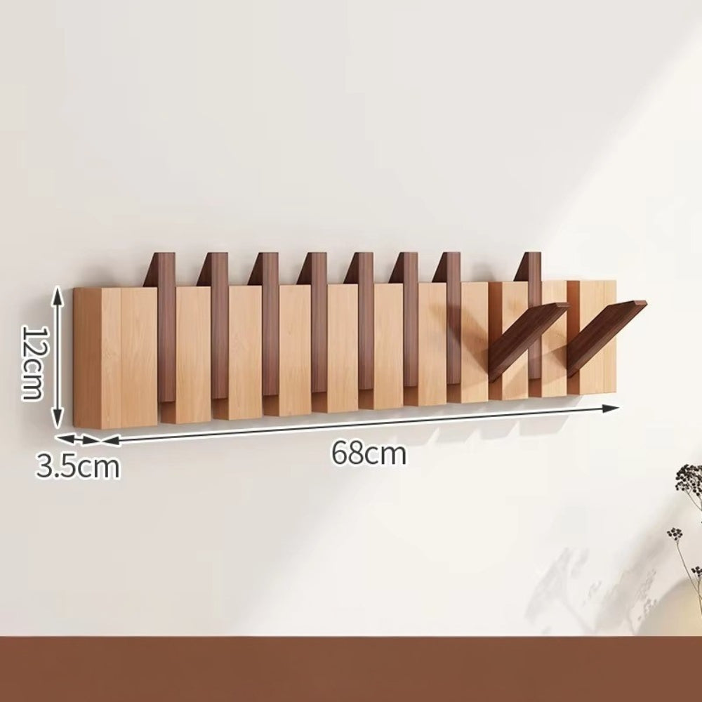 Wooden wall-mounted flip hook rack natural finish minimalist entryway space-saving organizer foldable hooks