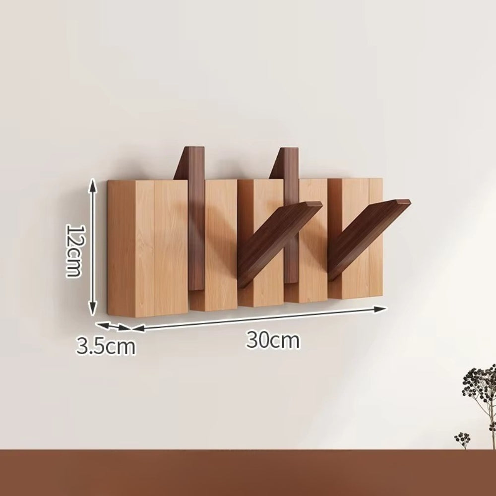 Wooden wall-mounted flip hook rack natural wood finish minimalist entryway space-saving organizer