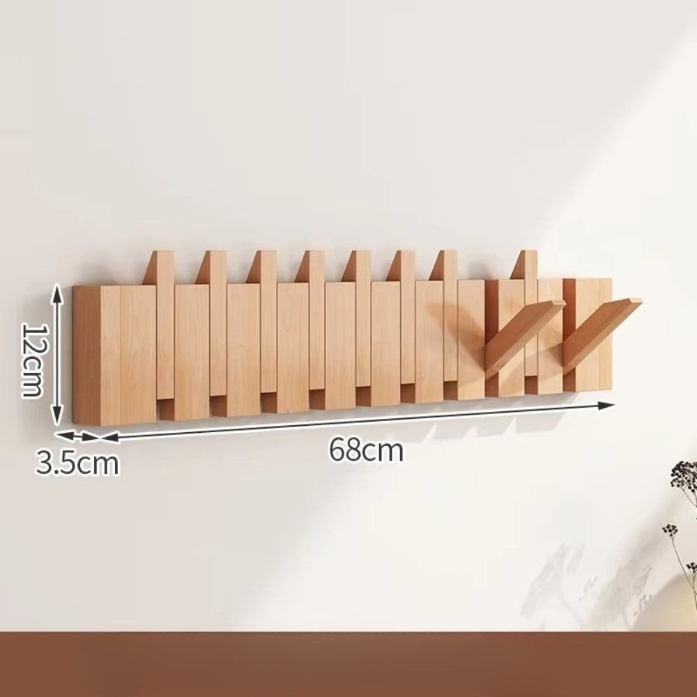 Wooden wall-mounted flip hook rack natural finish minimalist entryway space-saving organizer foldable hooks