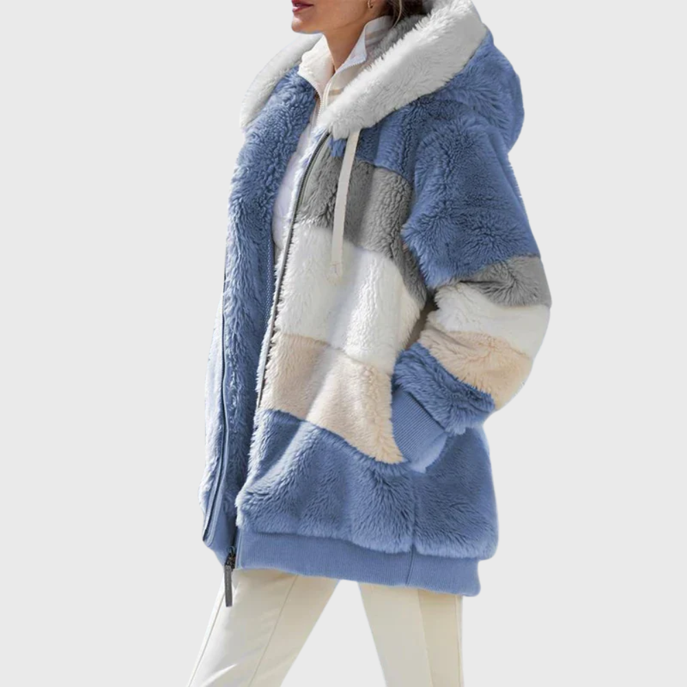 Women's colorblock plush hooded jacket relaxed fit soft textured fleece for cozy layering