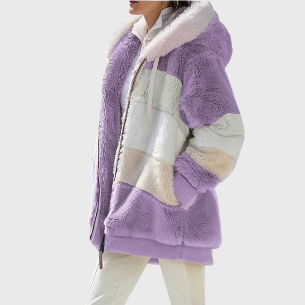 Women's colorblock plush hooded jacket with soft textured surface and relaxed silhouette for layering