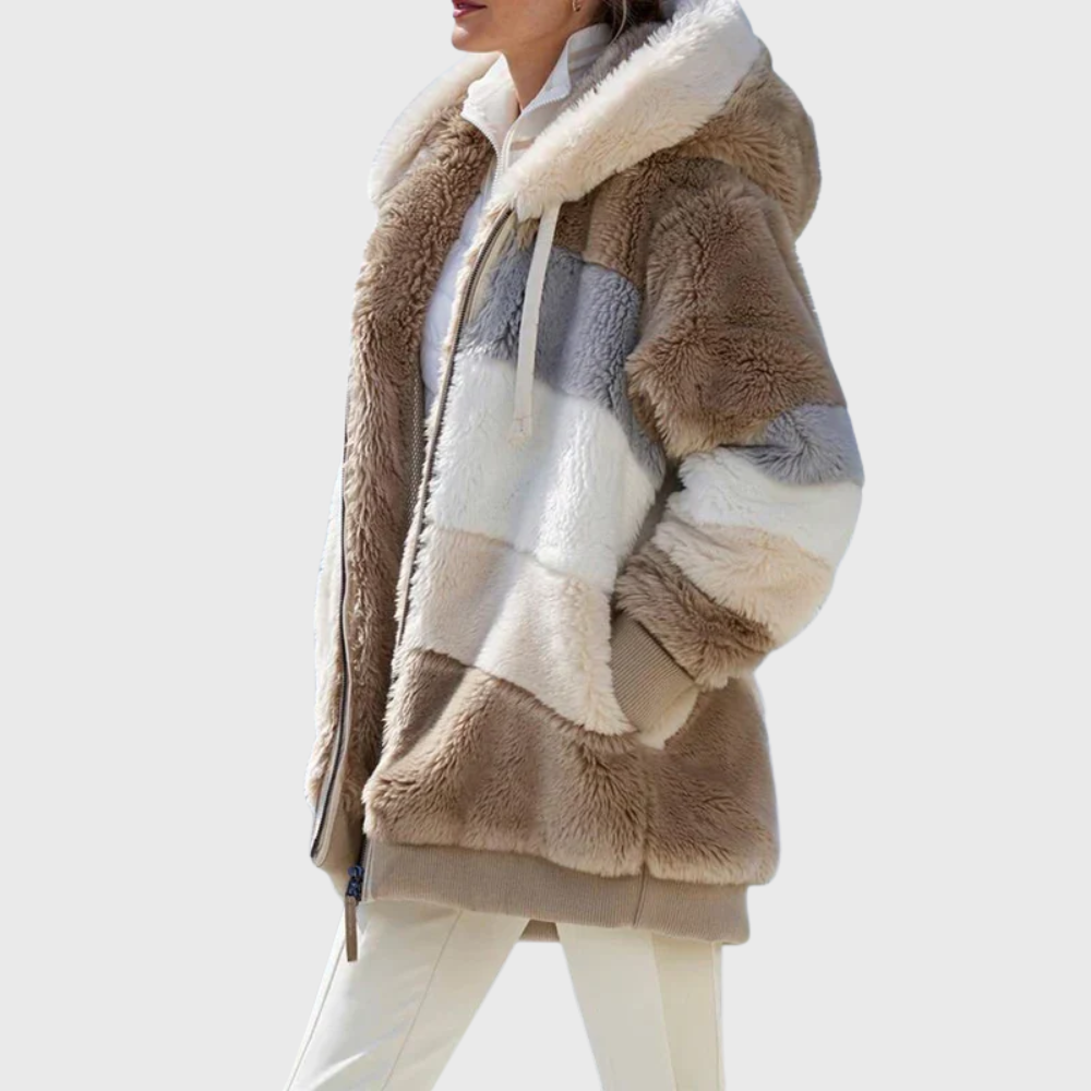 Women's colorblock plush hooded jacket relaxed fit with soft textured surface for cozy layering