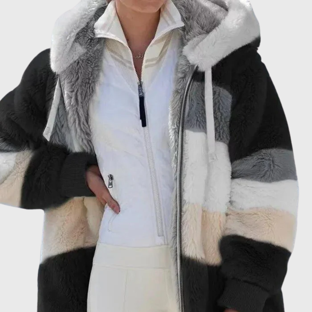 Women's colorblock plush hooded jacket relaxed fit soft textured surface for cozy layering