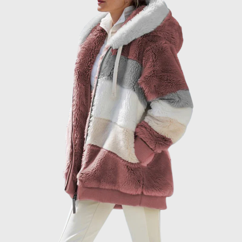 Women's colorblock plush hooded jacket relaxed fit soft textured cozy layering piece for cool days